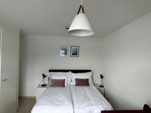 PuidouxRoom with 360° view overlooking Lake Geneva and Alps的白色的卧室,配有床和白色的墙壁