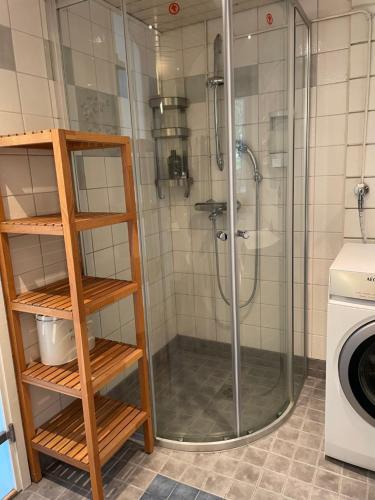 尼尔西艾Villa Valkeinen的带淋浴的浴室和洗衣机。
