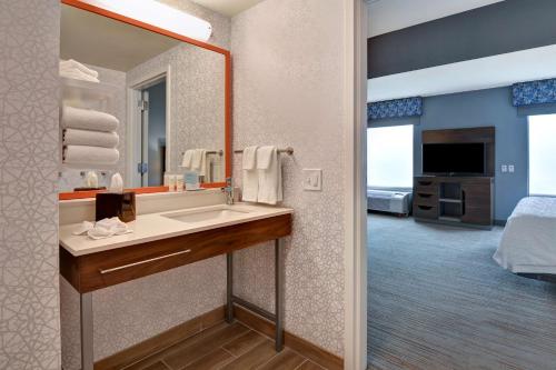 克利尔沃特克利尔沃特/圣彼得堡汉普顿套房酒店 - 乌尔梅顿路的一间带水槽和镜子的浴室以及一张床