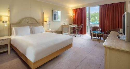 莱斯特希尔顿莱斯特酒店的酒店客房设有一张大床和一张书桌。