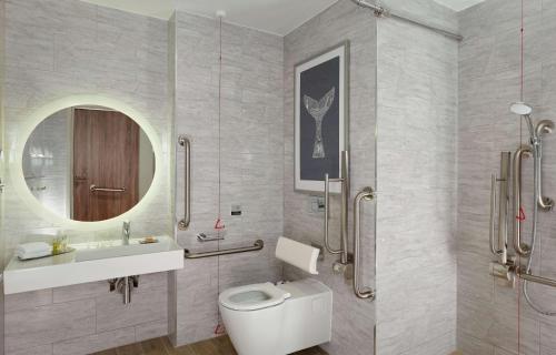 赫尔赫尔希尔顿逸林酒店的一间带卫生间、水槽和镜子的浴室