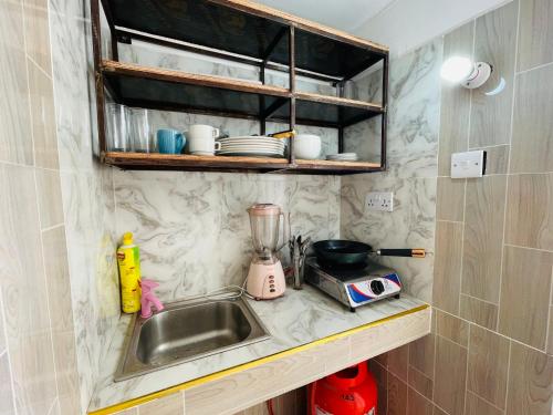 南威Happy House Nungwi的厨房柜台设有水槽和搅拌机