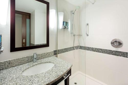 克罗伊登希尔顿汉普顿伦敦克罗伊登酒店的一间带水槽、淋浴和镜子的浴室