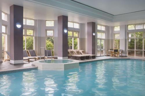 达特福德达特福德大桥希尔顿逸林酒店的酒店大堂设有大型游泳池,设有窗户