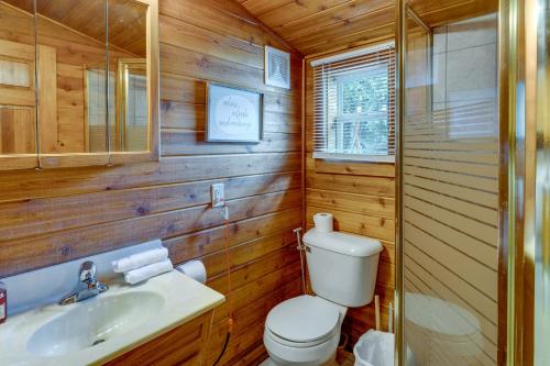 奥康诺摩沃Okauchee Lake Vacation Rental with Boat Dock!的一间带卫生间、水槽和镜子的浴室