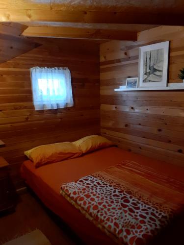 凯卡瓦自治市Brīvdienu māja Mētriņi的木制客房内的一间卧室,配有一张床