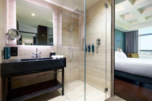 罗马Hilton Rome Eur La Lama的带淋浴和盥洗盆的浴室以及1张床。
