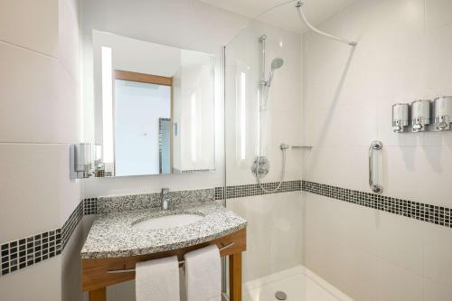 霍夫多普阿姆斯特丹史基浦机场希尔顿恒庭酒店的一间带水槽、淋浴和镜子的浴室