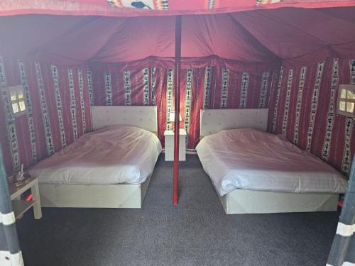 Al-DisahMango Farm Camp的带帐篷的客房内的两张床