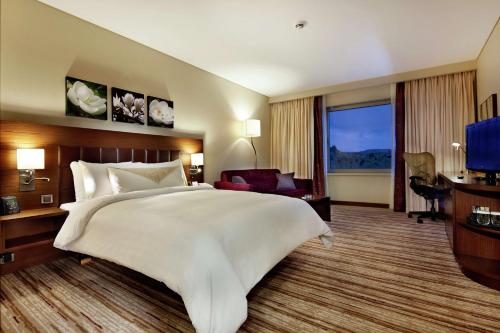 马尔丁马尔丁希尔顿花园酒店的一间酒店客房,设有一张大床和一个大窗户