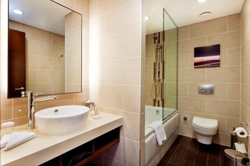 尚勒乌尔法桑利乌法希尔顿花园旅馆的一间带水槽、卫生间和淋浴的浴室