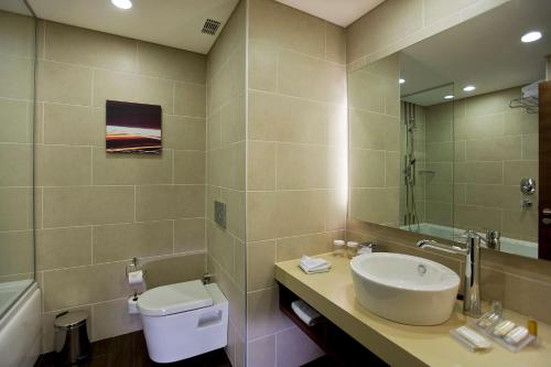 屈塔希亚库塔希亚希尔顿花园旅馆的一间带水槽、卫生间和镜子的浴室