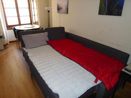 爱丁堡1 Bedroom Flat in Historic Cooperage Apartments Leith的一张床上的红色毯子,放在一个房间里