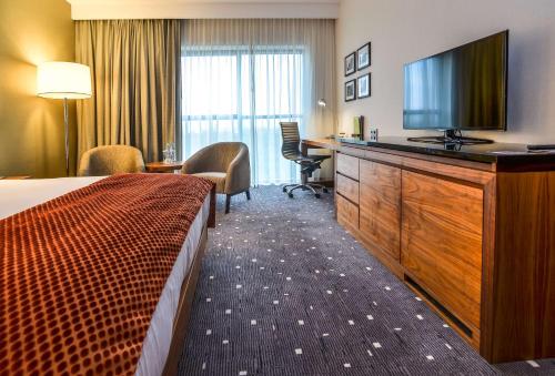 罗兹罗兹希尔顿逸林酒店的配有一张床和一台平面电视的酒店客房