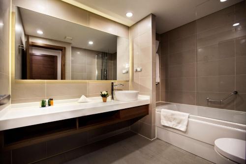 埃尔津詹埃尔津詹希尔顿花园酒店的一间带水槽、浴缸和镜子的浴室