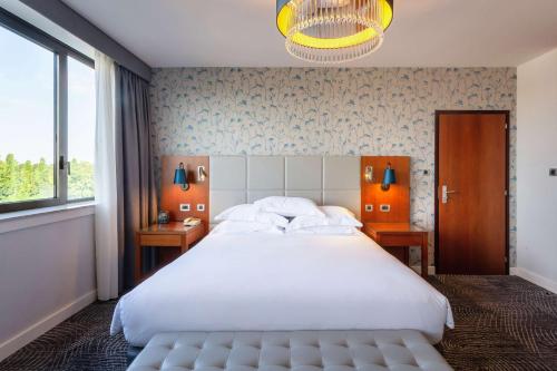 斯特拉斯堡希尔顿斯塔伯格酒店的卧室配有一张白色大床和吊灯。