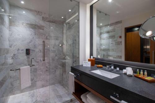 塞拉亚Doubletree By Hilton Celaya的一间带水槽和淋浴的浴室