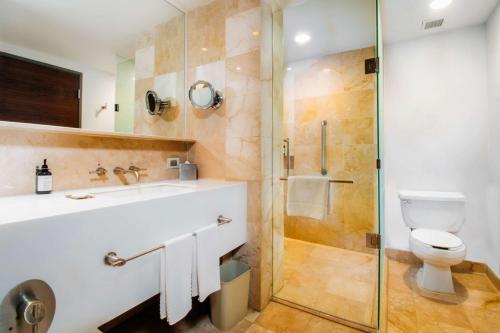 墨西哥城美洲圣塔菲嘉年华酒店的一间带卫生间和玻璃淋浴间的浴室