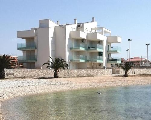 波弗加纳SMARAGD on the beach的水体前方棕榈树成白色的建筑