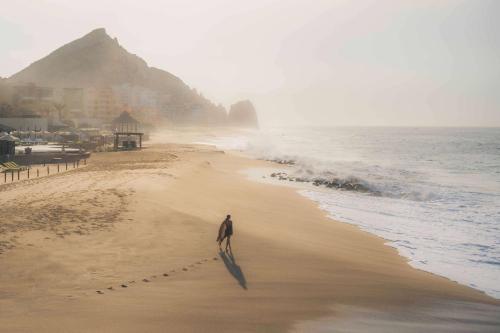 卡波圣卢卡斯Waldorf Astoria Los Cabos Pedregal的一个人在海边的海滩上散步