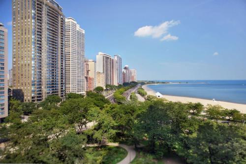 芝加哥The Drake Hotel的享有带海滩和建筑的城市美景