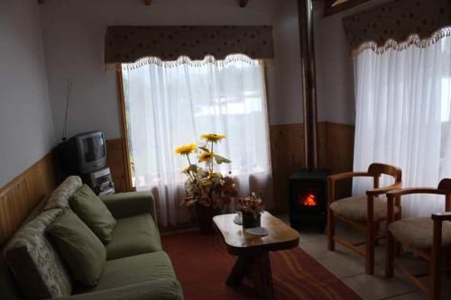 圣地亚哥Cabaña Emilia的客厅配有绿色沙发和桌子