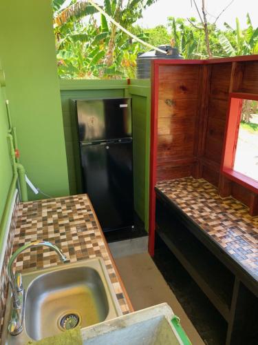 OracabessaGreen Queendom Farm and Lodging的厨房配有水槽和黑冰箱。