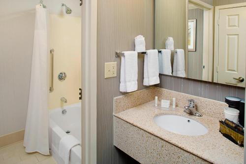 达拉姆杜克大学达勒姆市中心万怡酒店的浴室配有盥洗盆、镜子和浴缸