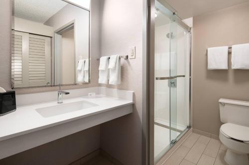 贝克斯菲尔德贝克斯菲尔德万怡酒店的一间带水槽、卫生间和镜子的浴室
