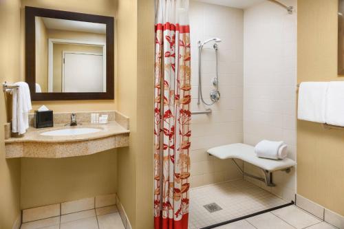 波士顿南波士顿万怡酒店的一间带水槽和淋浴的浴室