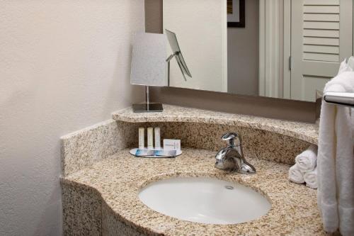 休斯顿休斯顿威斯特契斯万怡酒店的浴室的柜台设有水槽和镜子