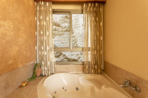 ‘IsfiyāElmanzool Carmel Lodging的带浴缸的浴室和窗户