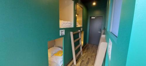东京Wasabi Mita Hotel的客房设有两张双层床和绿色的墙壁。