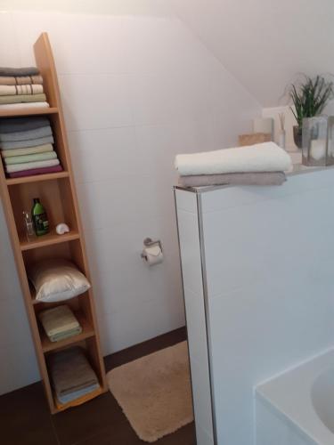 KatsdorfVilla Casa sol-rural residence near Linz的客房设有冰箱和带毛巾的架子。