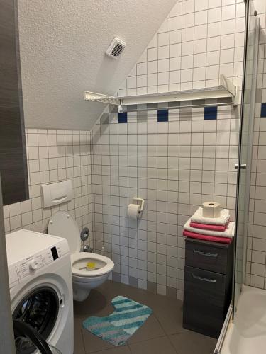 多瑙河畔诺伊堡Zimmer zum vermieten direkt an der Donau und am Schloss的一间带洗衣机和卫生间的浴室