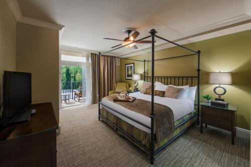 加特林堡大雾山假日酒店&度假村的一间卧室配有一张天蓬床和一台电视机