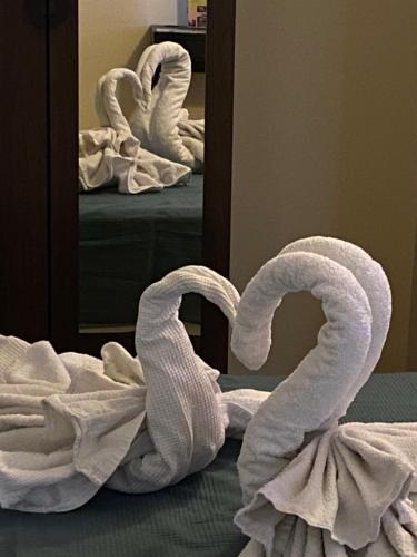 萨米凯莱-迪巴里艾斯贝里阿酒店的镜子前床上的一大堆毛巾