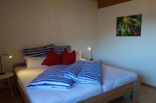 科萨斯Ferienwohnung Mader的一张带红色和蓝色条纹枕头的床