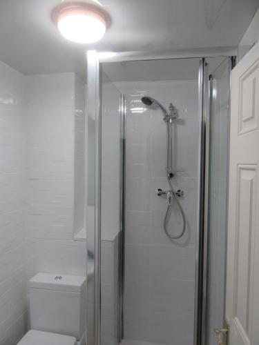 伯明翰RK Heritage House的浴室设有玻璃淋浴间和卫生间
