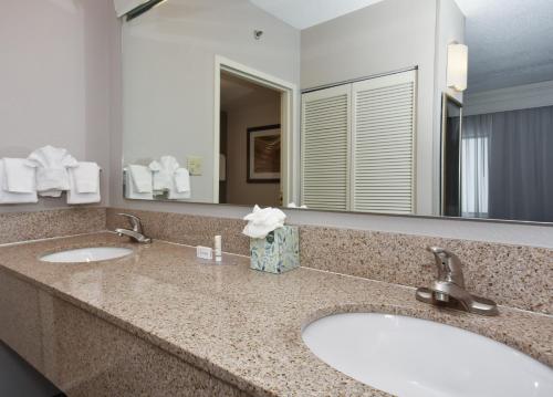 马修斯马修斯夏洛特万怡酒店的一间带两个盥洗盆和大镜子的浴室