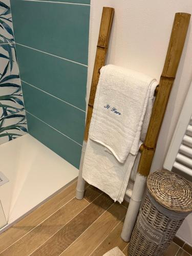 马里纳·迪·比萨Il Faro beach house的浴室毛巾架上的毛巾