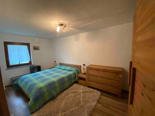 瓦托内切Appartamento sul Lago di Maen的一间卧室设有床、窗户和地毯。