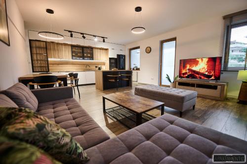 霍伊尼采Apartament 12的带沙发和桌子的客厅以及厨房。