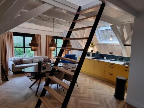 米德尔堡Elysian Yellow Suite的厨房以及带阁楼梯子的客厅。
