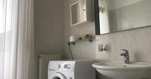 托尔博莱Appartamenti Nataly的一间带洗衣机和水槽的浴室