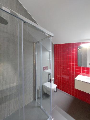 洛萨OH Studios Lousã的带淋浴和卫生间的浴室以及红色瓷砖。