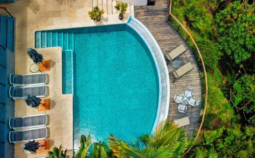 曼努埃尔安东尼奥Villa Roca Boutique Resort & Suites - ADULT ONLY的享有带躺椅的游泳池的顶部景致