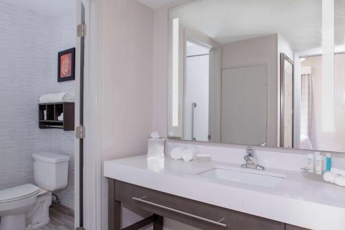 欧文达拉斯-欧文拉斯科琳娜希尔顿惠庭套房酒店的一间带水槽、卫生间和镜子的浴室