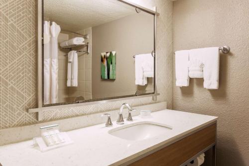 达拉斯达拉斯/市场中心希尔顿花园酒店的浴室配有盥洗盆、镜子和毛巾