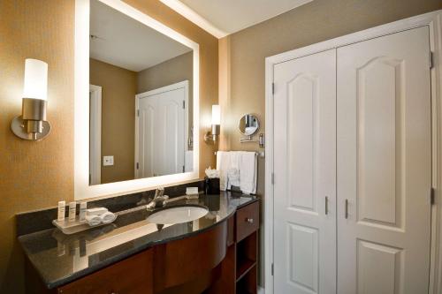 威尔明顿北卡罗莱纳州威尔明顿/梅费尔镇希尔顿惠庭套房酒店的一间带水槽和大镜子的浴室